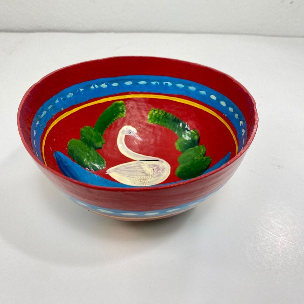 Mexico Red Swan Hand Made Painted Gourd Bowl 6" Folk Art Rustic Country Colorful